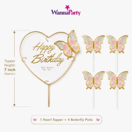 Image of Wanna Party Happy Birthday Cake Topper with Multicolor Butterflies, 5 Pcs Butterfly Cake Decoration Set for Birthday Cake, Cupcake, Dessert Table, Party Decor & Celebration Supplies