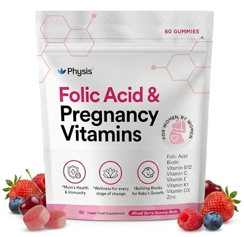 Physis Folic Acid Pregnancy Vitamins | Vegan Prenatal Vitamins for Women | Pregnancy Gummies with Folic Acid and B12 | Folate Vitamin Bs C D E K & Zinc | 60 Berry Soft Chews | Pregnancy Supplements