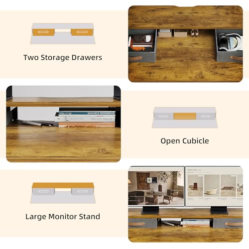 Image of Claiks Electric Standing Desk with 2 Drawers, 48 Inch, Rustic Brown