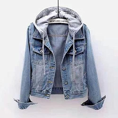 Women Vintage Jean Jacket Casual Hooded Button Down Long Sleeve Pocket Distressed Denim Teen Girls Coat Fleece Hoodie, Light Blue #TOP6