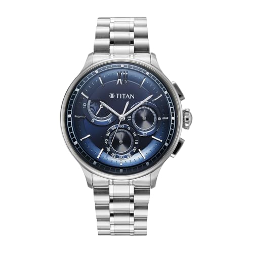 Image of Titan Classique Half Cut Chronograph Quartz Analog with Blue Dial Silver Stainless Steel Strap Watch for Men - 90218SM02