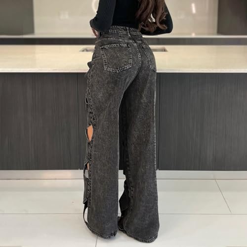 Womens High Waisted Jeans Y2K Trendy Hollow Out Criss Cross Wide Straight Leg Baggy Denim Pants Sexy Jean Pants3