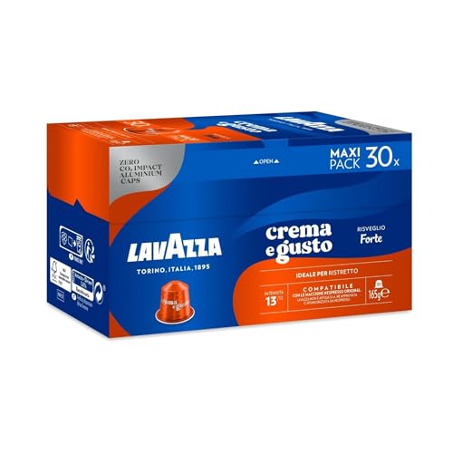 Lavazza, Crema e Gusto Forte, 30 Cápsulas de Café Compatibles con Máquinas Nespresso Original, con Notas de Madera y Cacao, Arábica y Robusta, Intensidad 13/13, Tueste Oscuro