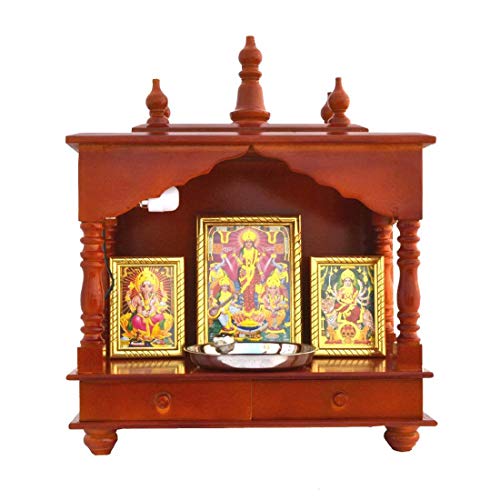Templo de madera hindú para meditación en casa con puertas decoradas y espacio para puja thali 2