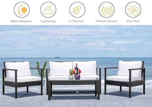 Image of Amazon Brand - Solimo Zeno Outdoor Sofa Set || Balcony Sofa || Patio Furniture Sets || Indoor Sofa|| Wicker Rattan Garden Sofa Set with Cushion and Center Table, 4 Seater (Black-White)