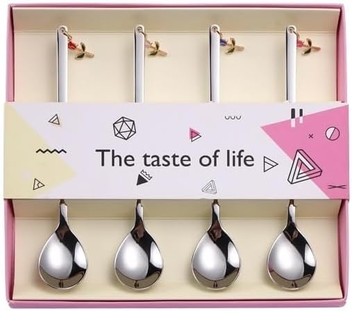 Silverware Flatware Set, 4/16/24/32/40/48 Pieces Rose Pendant 304 Stainless Steel Spoon Fruit Spoon Gift Box Set Creative Valentine's Day Tableware Coffee Spoon(Silver,12Set-48Pcs)