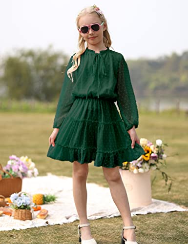 Girls Dresses Size 6 Size 7 Green Dress For Girls Swiss Dot Mesh Long Sleeve Kids Casual Dress Halter Neck Dress Knee Length Flowy Dress Short A-Line Girls Spring Summer Dresses Fancy Dress For Girls #TOP4