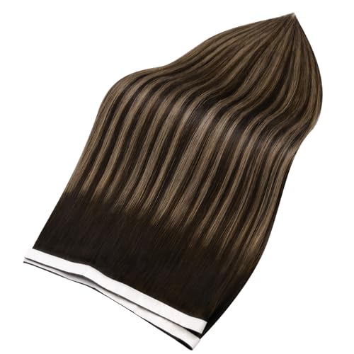 Image of Full Shine Invisible Tape in Hair Extensions Human Hair, 2 /8 /2 Dark Brown with Honey Brown Highlights, Wide Weft Tape in Extensions Silky Straight Brazilian Extension 24 Inch 50g 1pcs Natural Look