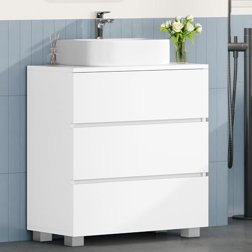 HEXCELEN Waschbeckenunterschrank， Badezimmerschrank, Unterschranke Furs Bad mit 3 Große Schubladen, 30 x 60 x 63 cm, Badezimmer-Unterschrank mit Füßen, Waschtischunterschrank Freistehend, Weiß