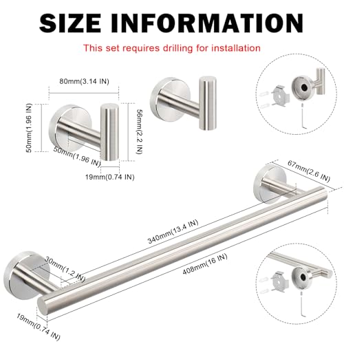 Livabber 3 Pieces Bathroom Accessories Set, 304 Stainless Steel Bath Hardware Kit with 16” Towel Bar + 2 Robe Hooks, Wall Mounted Towel Rack for Kitchen, Shower Room (Brushed Nickel) - Image 2