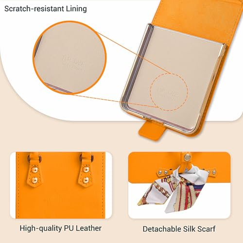 Image of for Samsung Galaxy Z Flip 7 Case, Cute Mini Handbag Wallet Phone Case with Card Holder, Silk Scarf & Handle Strap, Luxury PU Leather Protective Cover - Yellow