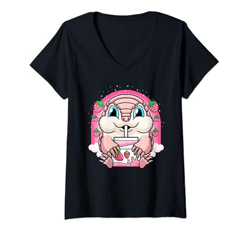 Gürtelmull Gürteltier Erdbeermilch Trinken Kawaii T-Shirt mit V-Ausschnitt