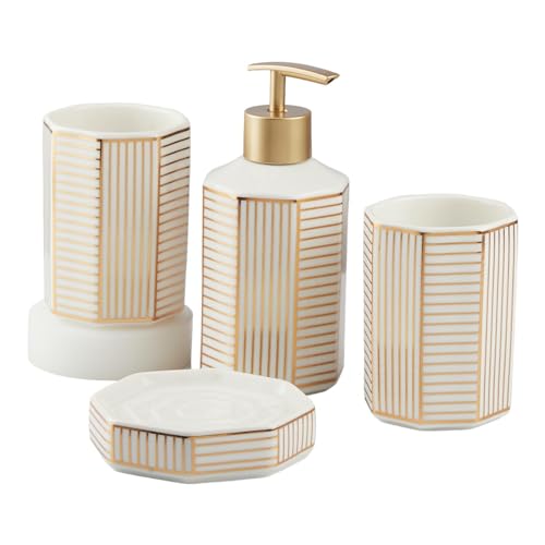 Image of SaSaSa Ceramic Bathroom Accessories Set of 4 Modern Bath Set with Soap Dispenser & Toothbrush Holder, Luxury Home & Gift Idea, White /Gold (10388)