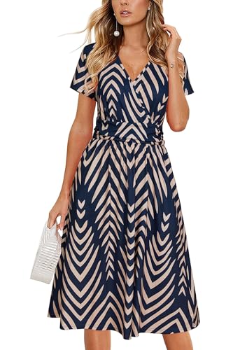 Image of OUGES Casual Summer Dress for Women Wrap V Neck A Line Midi Dresses with Pockets