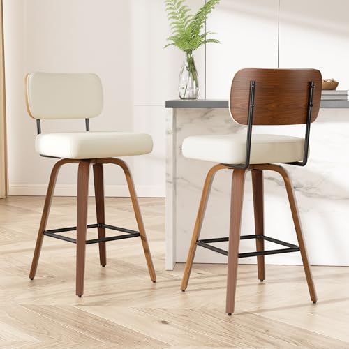 Image of Swivel Bar Stools Set of 2, 26 inch Upholstered Faux Leather Counter Height Barstools with Walnut Back & Bentwood Legs, Mid Century Modern Bar Chairs Island Stools for Kitchen Counter, Cream White