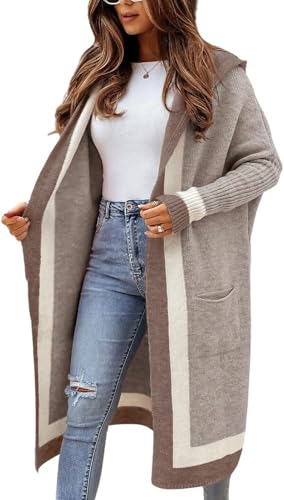 Image of utcoco Women's Oversized Hooded Cardigan Sweaters Color Block Open Front Long Sweater Coat Outwear with Pockets