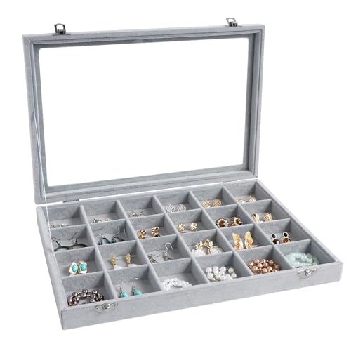 Wudygirl Jewelry Organizer Velvet Jewelry Tray 24 Grid Jewelry Box Earring Holder Organizer Removable Display Case Organizer Glass Top Lid & Lock (24 Grid)
