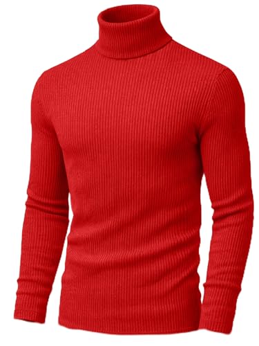 URBAN BUCK Red Turtleneck Men Long Sleeve Knitted Shirt - Ultra Soft Cotton Slim Fit Ribbed Turtle Neck Sweater for Men - James Pullover Lightweight Winter Sweatshirt (S)
