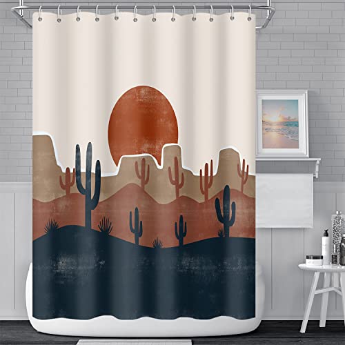 Umpoo Abstract Mid Century Bohemian Bathroom Shower Curtain Desert Cactus Red Sun Shower Curtain With Hooks Waterproof Fabric Polyester Shower Curtain Modern Aesthetics Home Decorative, 72X72 Inch #TOP1