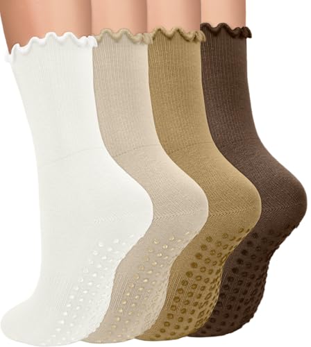 yeuG 4 Pairs Non Slip Pilates Socks with Grips for Women, Crew Grip Socks for Yoga, Barre, Hospital, Barefoot Workout