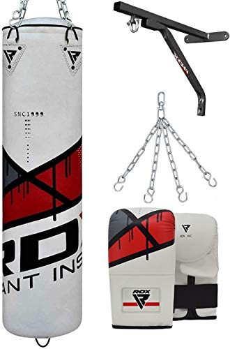 RDX Punching Bag Filled Set Muay Thai Training Gloves with Punch Mitts Hanging Chain Wall Bracket, Great for MMA, Kick Boxing, Martial Arts, 4PC Available in 4FT 5FT