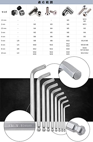Muchuu ボールポイント L型六角レンチセット 9本組 クロムバナジウム鋼製 両用ヘッドでメートルサイズ/インチサイズに対応 業界トップの耐久性を誇る 3枚目