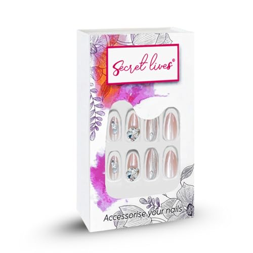 Image of Secret Lives Peach Color, Dot Print and 3D Stud Cat Eye Press-On Nails - 24PC Reusable Nail Set for Women & Girls | Long-Lasting, Easy to Apply, Artificial Nail Extensions