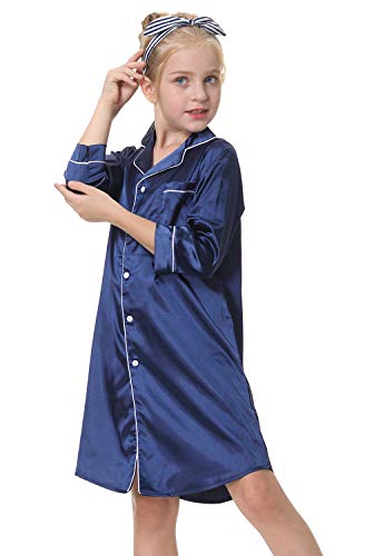 CattyGirl Children's Nightgown Polyester Silk Satin Sleepwear Girls Long Sleeve Nightdress Pajamas Navy4
