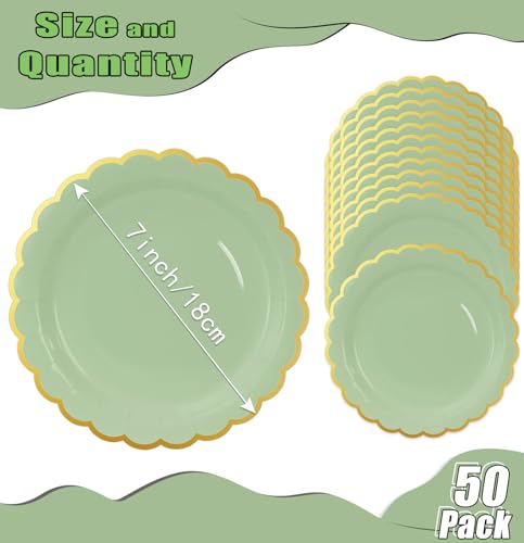 Image of HEIPINIUYE 50 Pieces Sage Green Paper Plates with Gold Foil 7 Inch Disposable Sage Scalloped Dinner Plates for Wedding Baby Shower Birthday Party Dessert Plate