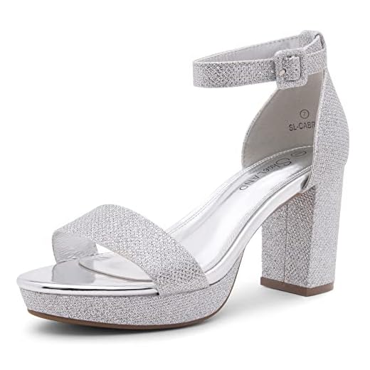 Shoe Land Salto plataforma feminino | Sandálias de salto grosso de 9,5 cm com tira no tornozelo | Salto alto com tiras de bico aberto para casamentos, festas e eventos formais, 0623silvershimmer, 38