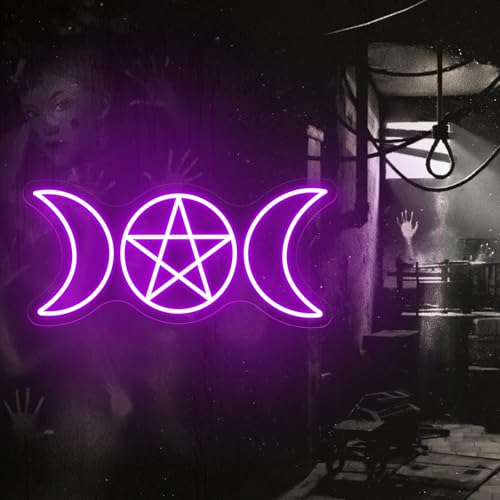 Image of Pentagram Triple Moon Neon Sign Gothic Hanging LED Light Wiccan Gift | USB Powered Dimmable Triple Goddess Wall Sign Decor Wiccan Neopagan Witch Decoration 16.5 inchx7.9 inch