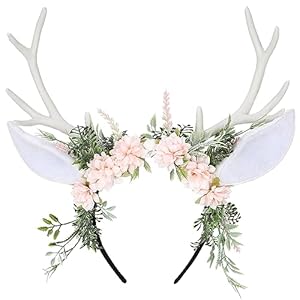 MOSTORY Handmade Deer Ear Flower Antler Headband – Woodland Floral Reindeer Hairband Fairy Forest Headpiece for Princess Party Renaissance Halloween Cosplay Photo Shoot Accessory