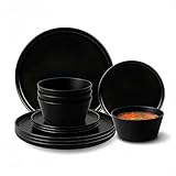 CASA LITUS Vajilla Negra de Melamina Elegante para 4 Personas, 12 Piezas, Platos Trinche, Hondos y Ensaladera, Ligera,...
