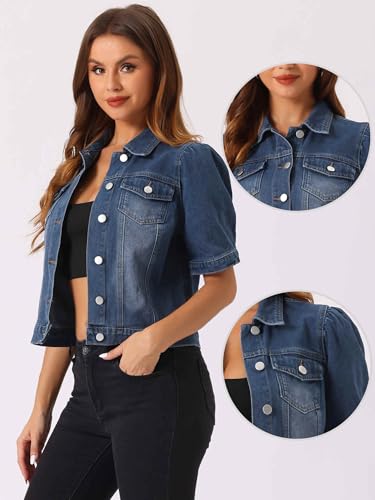 Allegra K Casual Jean Jacket for Women's Short Puff Sleeves Button-Down Denim Jacket2
