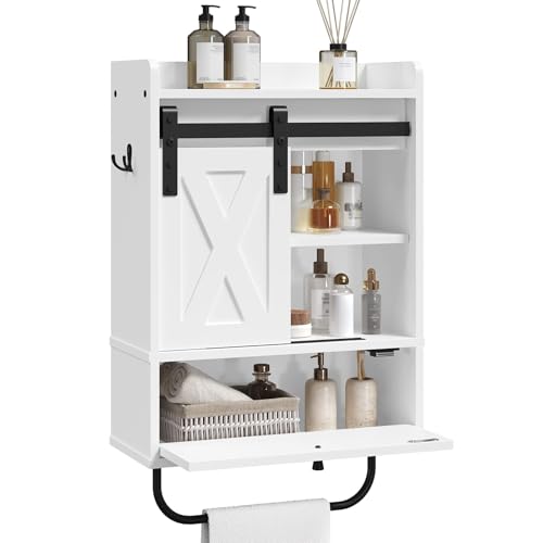 MAHANCRIS Bathroom Wall Cabinet, Farmhouse Medicine Cabinets with Sliding Door, Wall Mounted Storage Cabinet with Adjustable Shelf and Towel Bar, for Bathroom, Living Room, Kitchen, White