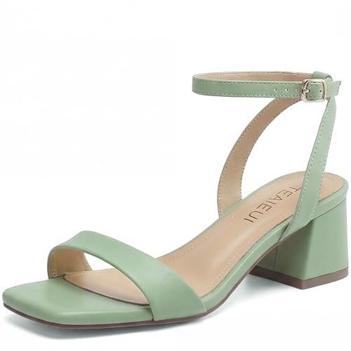 Image of TEAIEUI Block Heels for Women, Square Open Toe Heeled Sandals, Chunky Ankle Strap Shoes for Dress, Party, Prom, Low Heel 2 inch