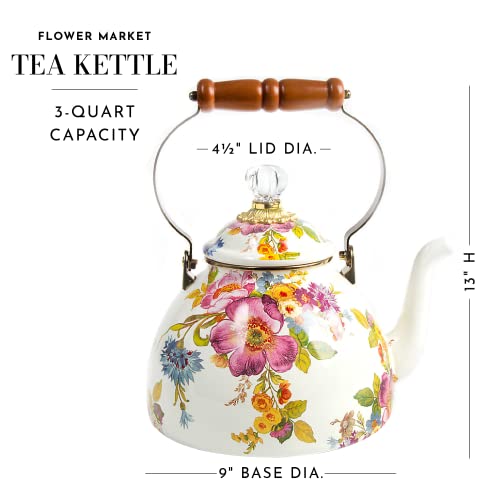 Mackenzie-Childs Flower Market Enamel Tea Kettle, Decorative Tea Kettle, 3-Quart Capacity, White #TOP3