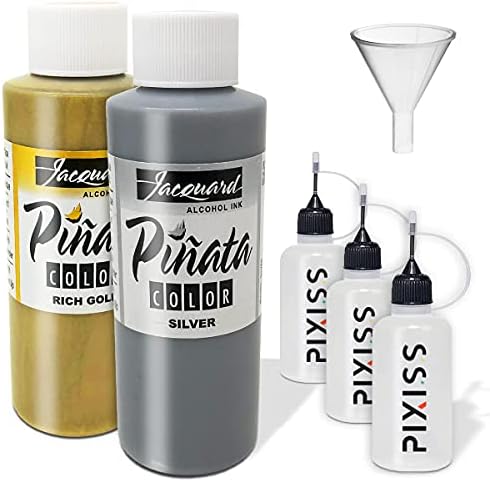 Jacquard Pinata Metals Bundle - Silver and Rich Gold Colors (4-Ounce Bottles), 3 Pixiss 20ml Needle Tip Applicator and Refill Bottles and 1.5 inch Funnel Bundle for Yupo and Resin