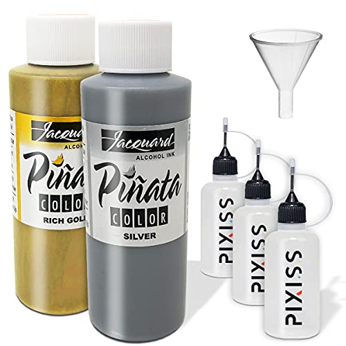 Jacquard Pinata Metals Bundle - Silver And Rich Gold Colors (4-Ounce Bottles), 3 Pixiss 20Ml Needle Tip Applicator And Refill Bottles And 1.5 Inch Funnel Bundle For Yupo And Resin #TOP15