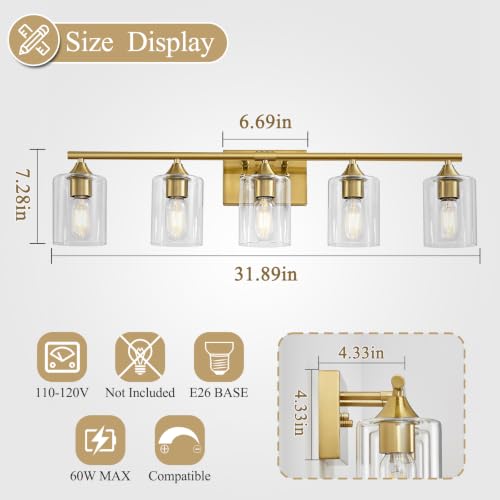 Image of 5 Light Bathroom Vanity Light Brushed Gold,32 inch Bathroom Light Fixtures,Gold Wall Sconces for Living Room Bedroom,E26 Base