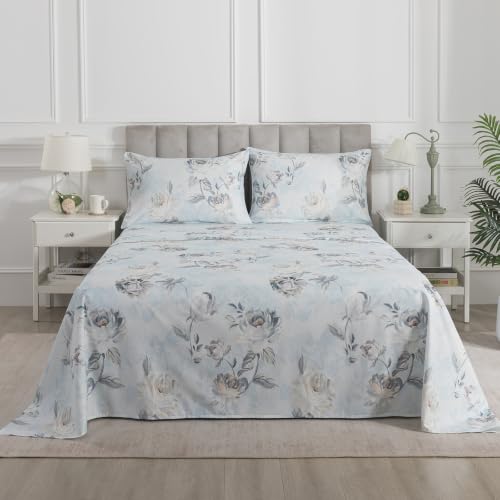 Image of Dusty Blue Vintage Floral Percale Bed Sheets Full Size Deep Pocket | 100% Cotton Shabby Flower Chic Sheet Set, Peony Printed Farmhouse Sheets, Luxury Toile Bedding, Cottagecore, Soft Crisp, 4Pcs