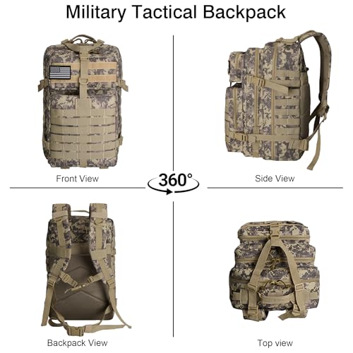 Image of Military Tactical Backpack for Men, 45L 3 Day Assault Pack, Heavy Duty Large Molle Backpack for Outdoor, Hiking, Camping, Camouflage Khaki