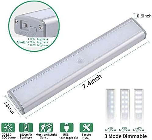 Motion Sensor Closet Lights, 30 LED Dimmable Wireless Under Cabinet Lighting with Built-in Rechargeable Battery, Stick-on Anywhere Magnetic Night Lamp for Cupboard Wardrobe Kitchen Stairs, 3 Pack