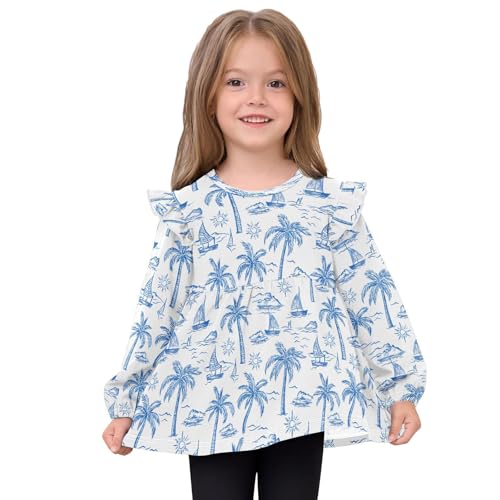 Palm Trees Sailboat Blue Girls Shirts Cotton Long Sleeve Ruffle Toddler Tee Tops3