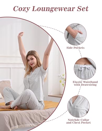Image of NAP BOUND 100% Cotton Women's Pajama Sets Short Sleeve Button Down Soft Pjs 2 Piece Lounge Set with Pocket Nightwear XS-XXL