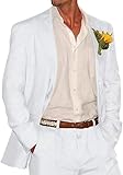 Bofan Men's 2 Piece Linen Suit Casual Slim Fit Beach Wedding Suit Set White Groomsmen Tuxedo Blazer Pants M