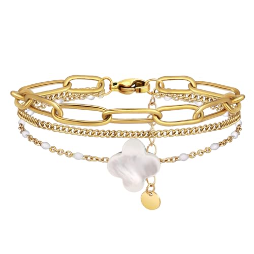 YADUDA Dainty Four Leaf Clover Bracelet for Women 18K Gold Plated Stainless Steel Lucky Clover Link Bracelets Wrist Jewelry for Women