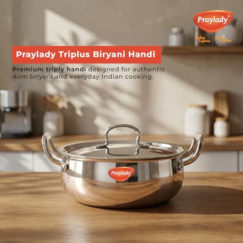 Image of Praylady Triplus+ Pro Triply Biryani Handi | 24 cm | 4.0 L | Dum Biryani Cooking Pot | Patila | Even Heat Distribution | Non Toxic | Less Oil Use | SS Lid | Stock Pot | Induction & Gas Stove Ready