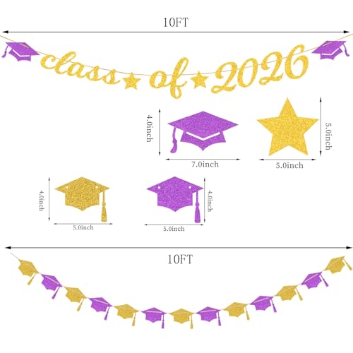 Image of Purple White-Gold Party-Decorations Graduation Banner - 8pcs Kits Class of 2026 Cap Garland Streamers, Paper Tissue Pom Poms Flowers, Congratulations Grad Decor Lasting Surprise