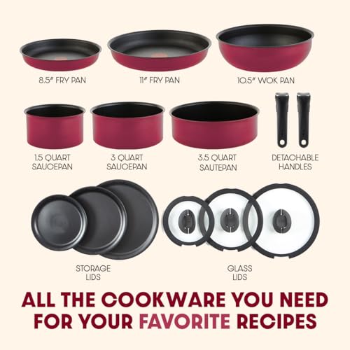 Image of T-fal Ingenio Expertise Non Stick Cookware Set 14 Piece, Induction, Oven Broiler Safe 500F, Cookware, Pots and Pans Set, RV, Camping, Frying Pans, Dishwasher Safe, Detachable /Removable Handle, Pink